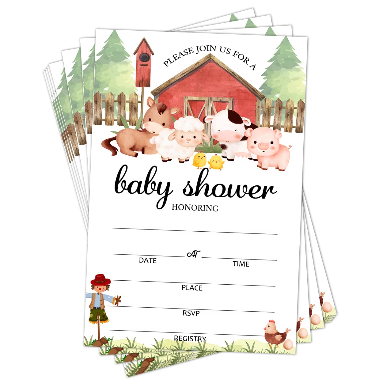 Apankiw Farm Animal Baby Shower Invitations with Envelopes Pack of 25, Gender Reveal Party Baby Shower Activities Supplies - BBYQC023