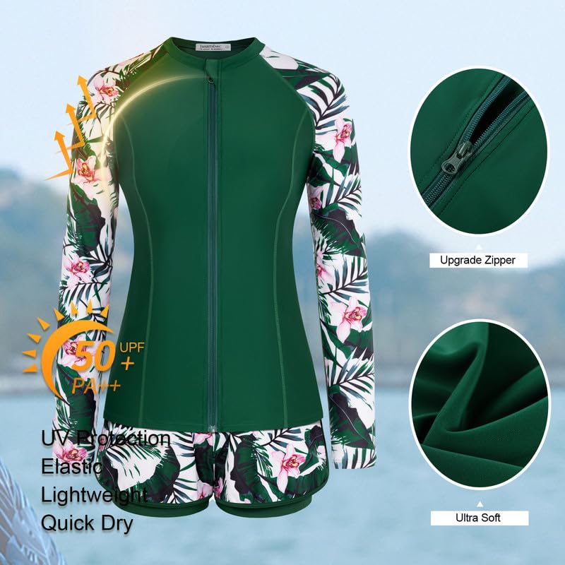JASAMBAC Conjunto de 3 piezas para mujer con protección antirozaduras, de manga larga, parte superior y pantalones cortos de baño de cintura alta, con cremallera, traje de surf, bañador deportivo