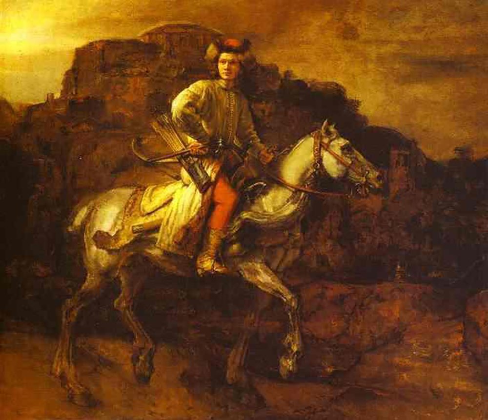 Arte de Rembrandt El jinete polaco en formato pequeño con marco marrón de calidad
