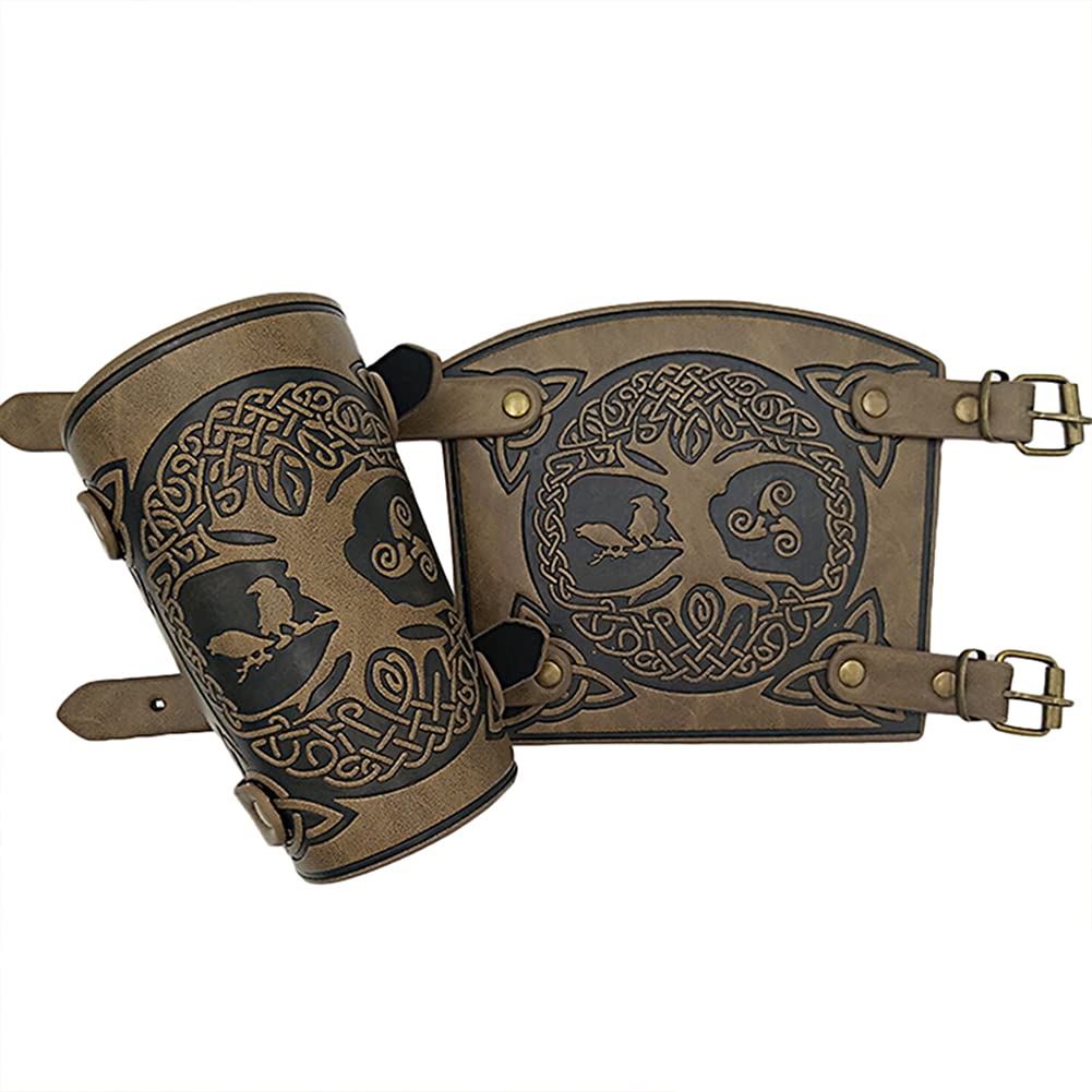C2Jew Viking Yggdrasil Embossed PU Leather Arm Guards Adjustable Medieval Arm Bracers Wristband Cosplay Forearm Costume,Khaki