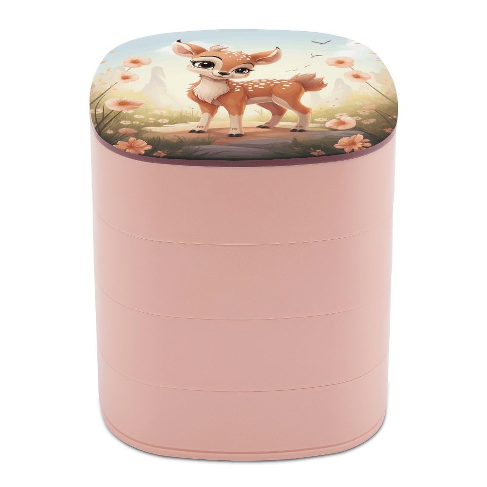 JTREHY Lovely Deer Jewelry Box 4-Layer Covered Rotating Jewelry Storage Box Large Capacity Storage Boxes Portable Jewelry Case for Bracelets Earrings Necklace