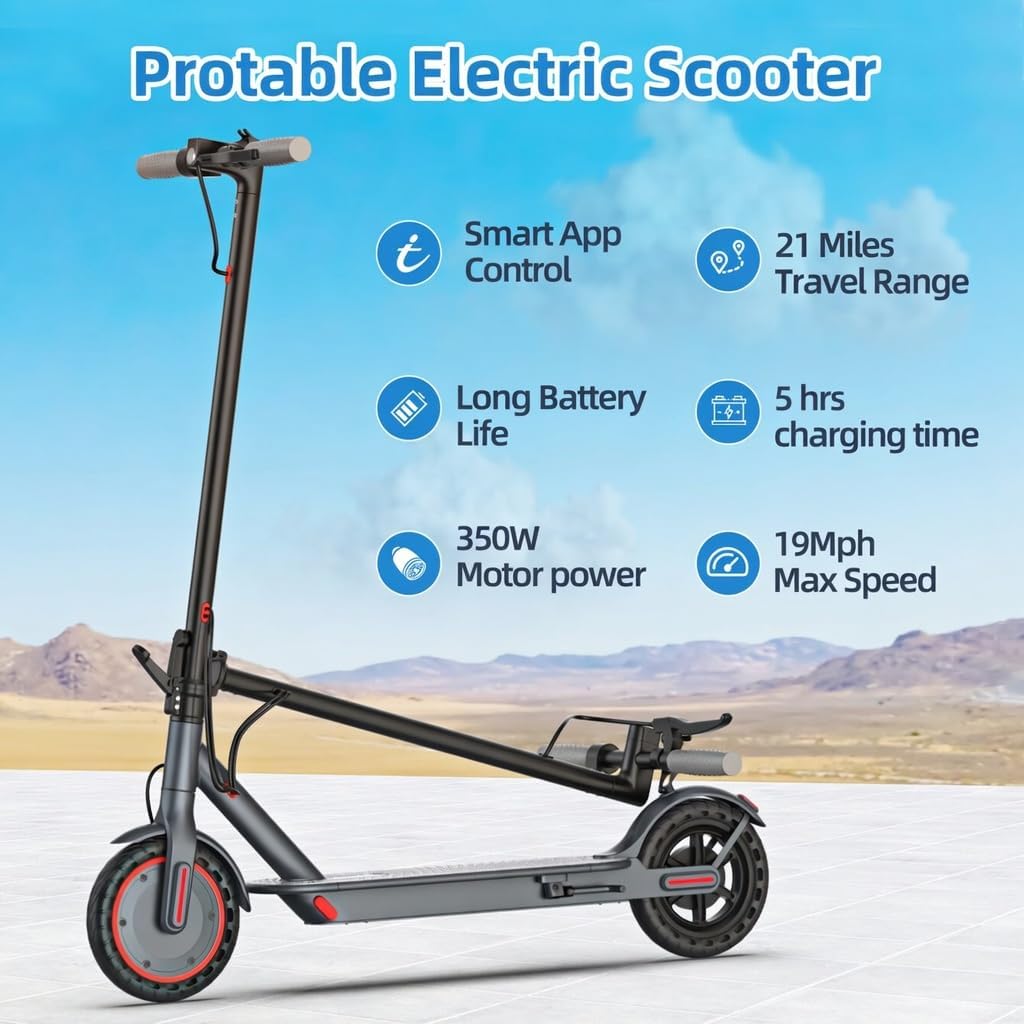 Joyhis Electric Scooter JS03 with key features: Smart App Control, 21 Miles Travel Range, Long Battery Life, 5 hours charging time, 350W Motor power, 19Mph Max Speed.
