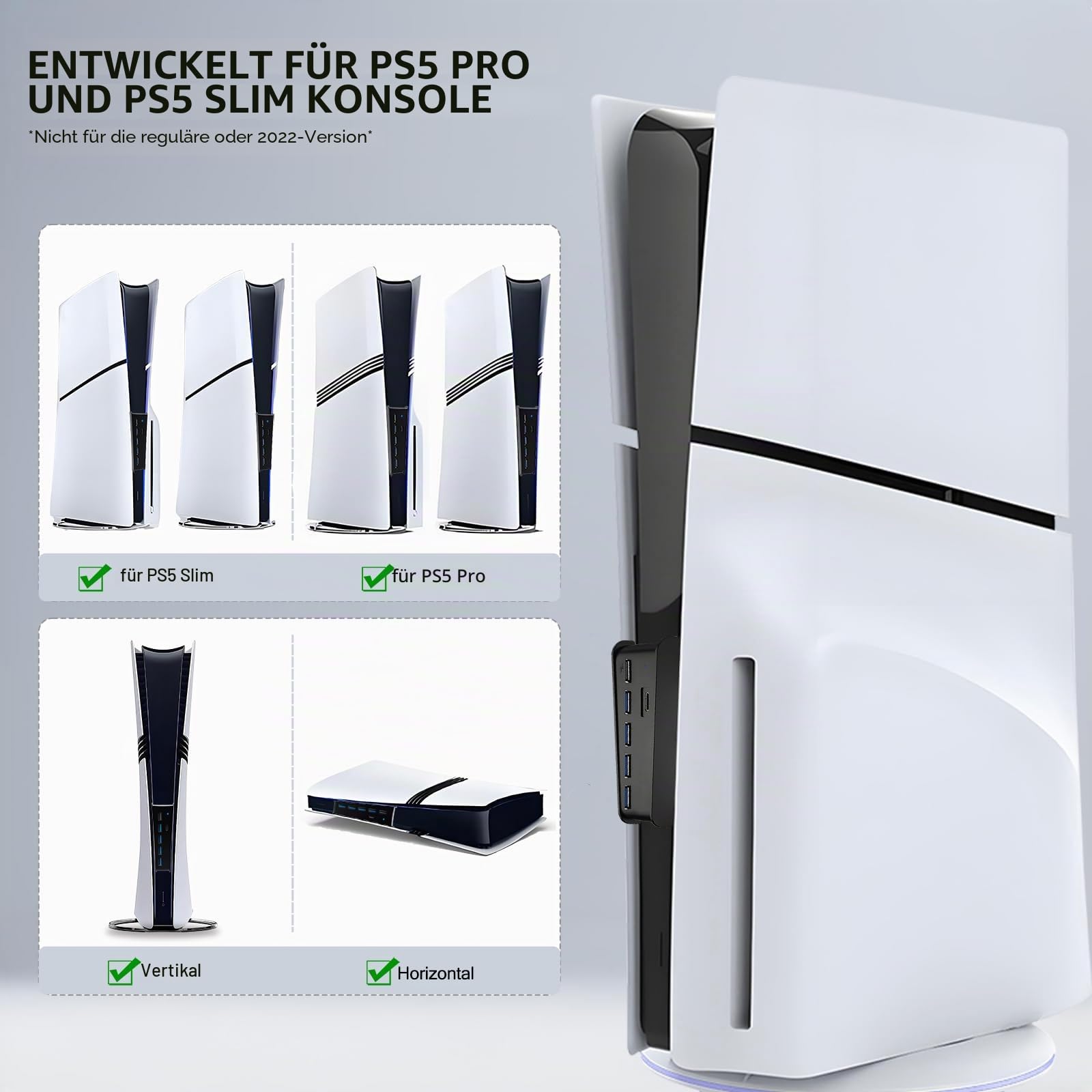 6 Port USB Hub für PS5 Pro & Slim Console Disc/Digital, High-Speed Extra Ports für PS5 Slim Pro Zubehör, Hub Ladegerät Splitter Adapter mit 4 USB 2.0 + 1 USB Ladeanschluss +1 Typ C 3.1