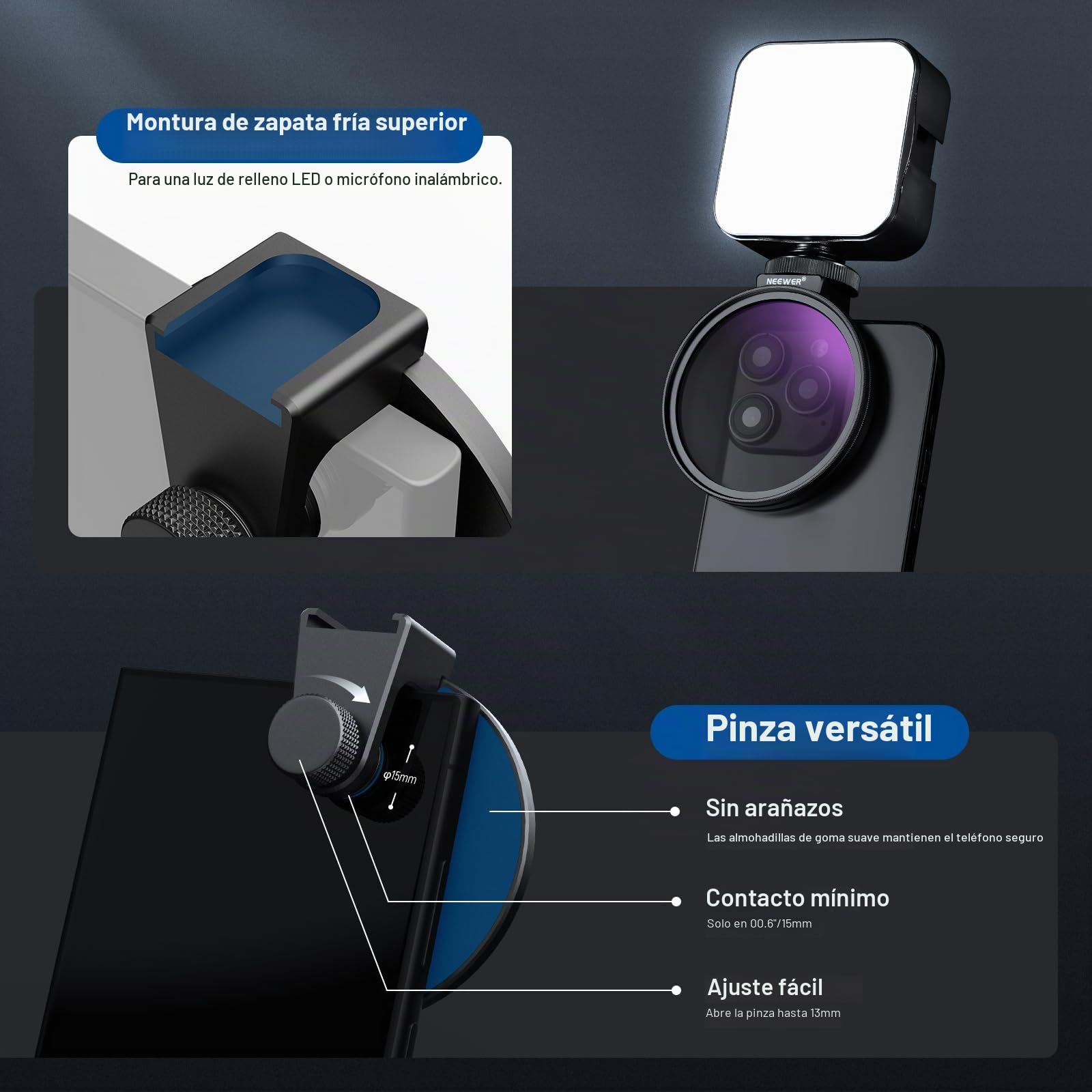 NEEWER Filtro CPL de 67 mm para teléfono, Filtro polarizador HD de 67 mm y Clip de teléfono de Zapata fría, Incluye Bolsa de Transporte y paño de Limpieza de Lentes, Compatible con Galaxy S24 Series