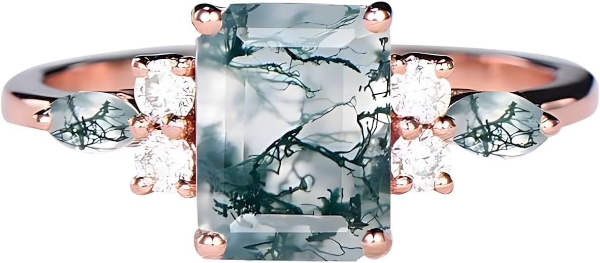 S925 10K 14K 18K Gold Natural Moss Agate Engagement Ring, 1-3 Carat Emerald/Hexagon/Kite/Oval/Pear/Round Cut Genuine Green Moss Agate Wedding Ring Bride Band Free Engraving for Valentine's Day