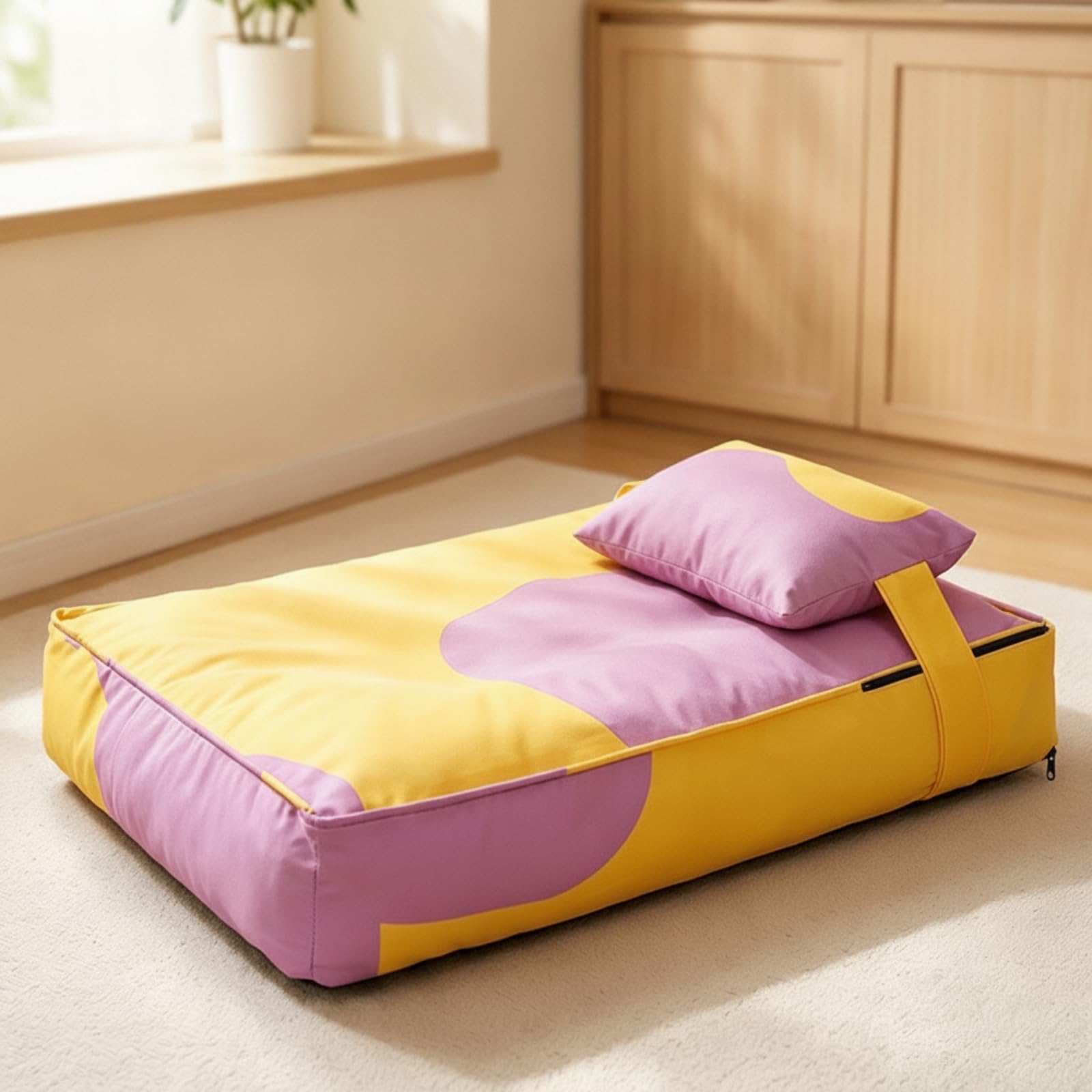 Cama para Perros senfundable , Grande, 65 × 45 × 15 Cm , Morado Y Amarillo