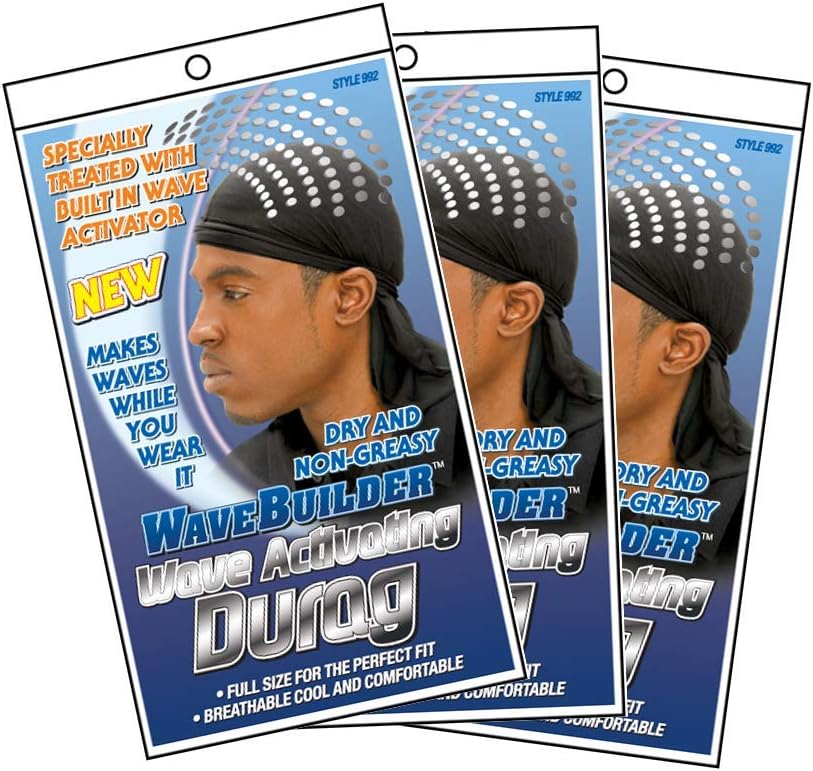 WaveBuilder Premium Hair Wave Activating Durag, Black, 3 Pack