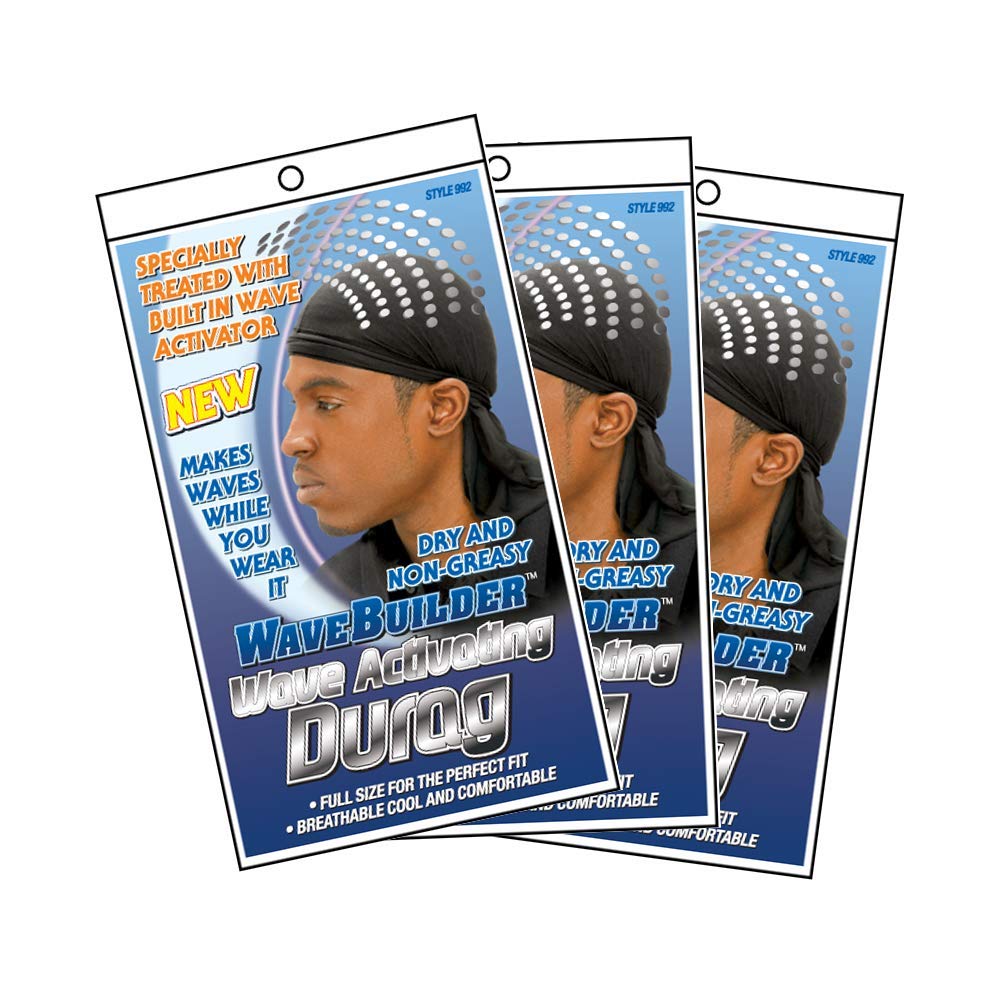 WaveBuilder Premium Hair Wave Activating Durag, Black, 3 Pack