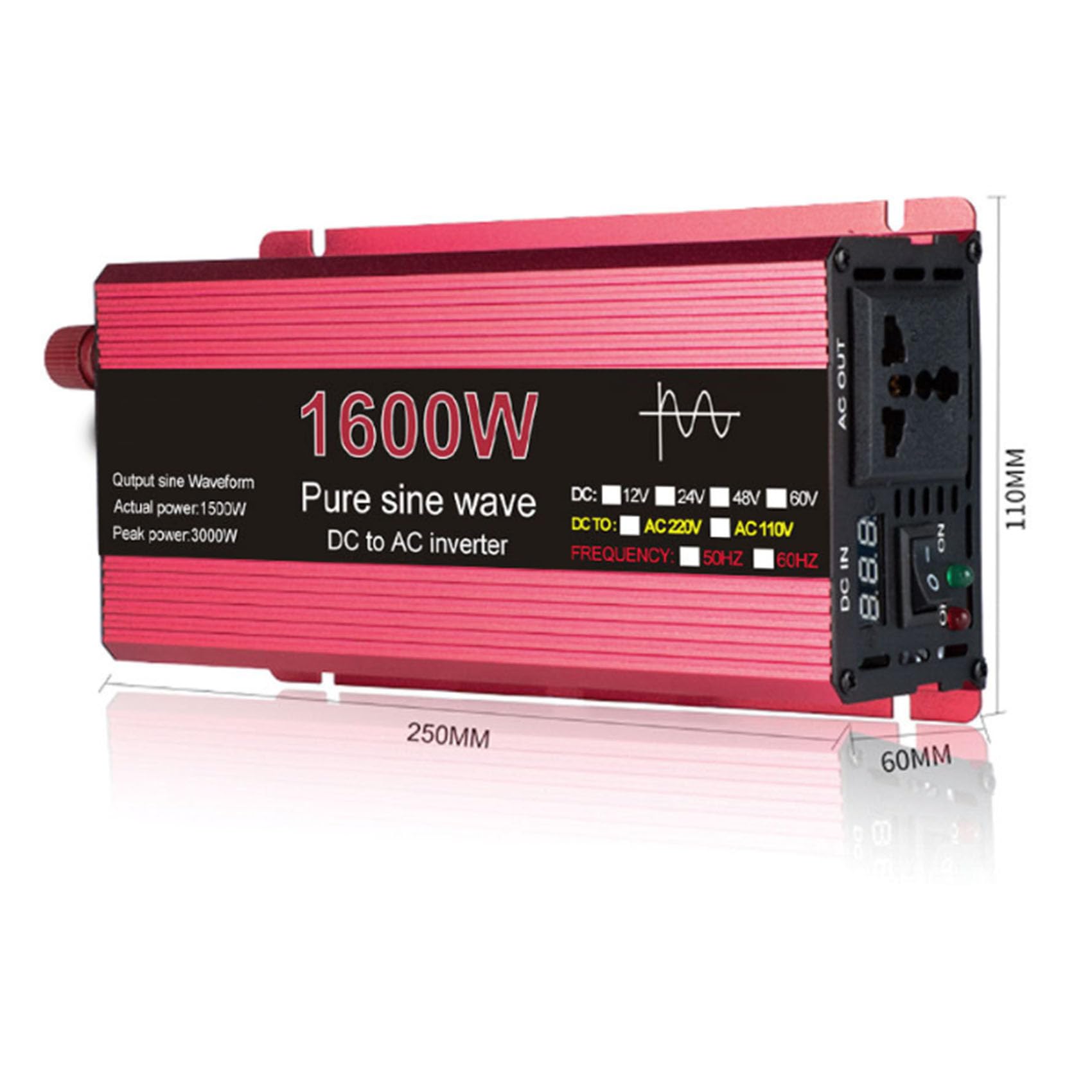 1600W Auto-Stromrichter LED-Spannungskapazität Display Wandler 12V 24V 48V 60V auf 220V Auto elektrische Wechselrichter geeignet für Urlaub, Camping und Geschäftsreise