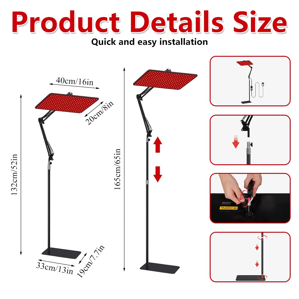 Lampa na podczerwień do ciała i twarzy, z 200 diodami LED, 5 stopni jasności i trzema długościami fal (660/850/940 nm), Duży panel z regulowanym stojakiem i goglami ochronnymi (200 LED)