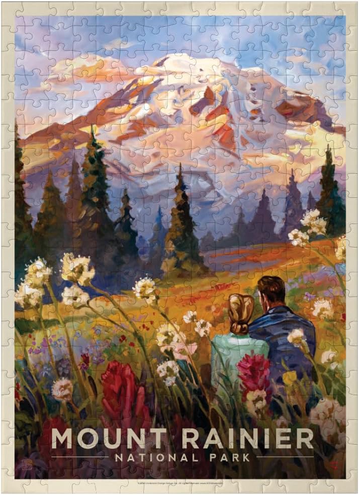 MyPuzzle Mount Rainier National Park: Moment in The Meadow, Vintage Poster - Premium 500 Piece Jigsaw Puzzle for Adults