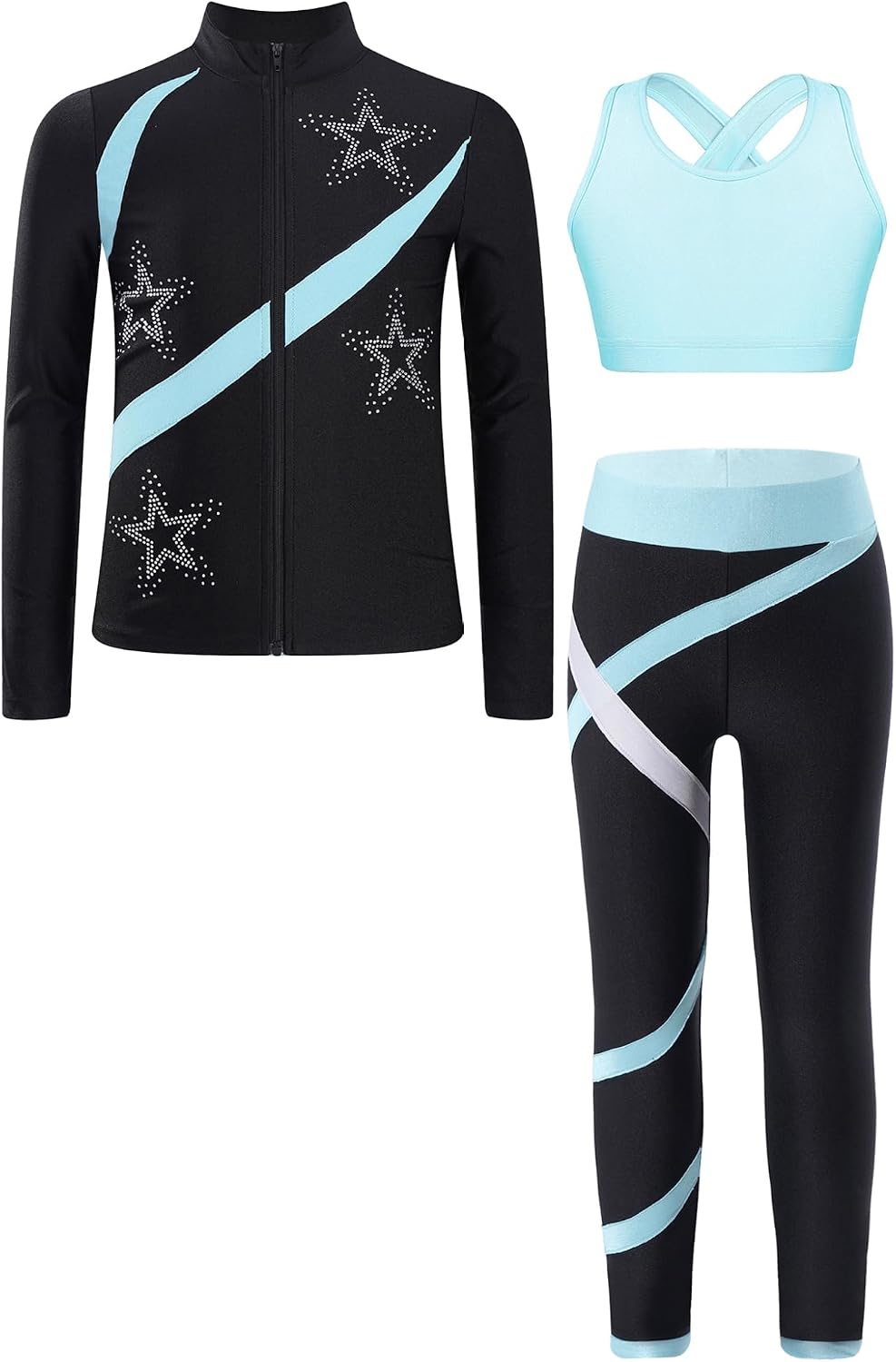 Kids Girls Professional Ice Figure Skating Training Suit Rhinestone Long Sleeve Sweatshirt with Crop Top and Leggings