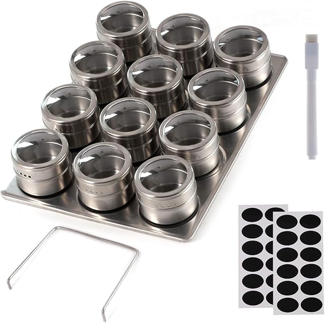 AyeVision 12 Pieces Magnetic Spice Jars Containers Stainless Steel Round Magnetic Spice Jars Set 100ml Circular Spice Jars Tins Spice Storage Containers Box Set with Lids and Magnetic Base for Kitchen