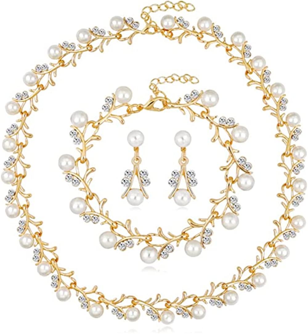 Pearl Bride Wedding Jewelry Set, Crystal Bridal Necklace Bracelet Earrings Sets, Rhinestone Choker Necklace Prom Costume Jewelry Set, for Women and Girls