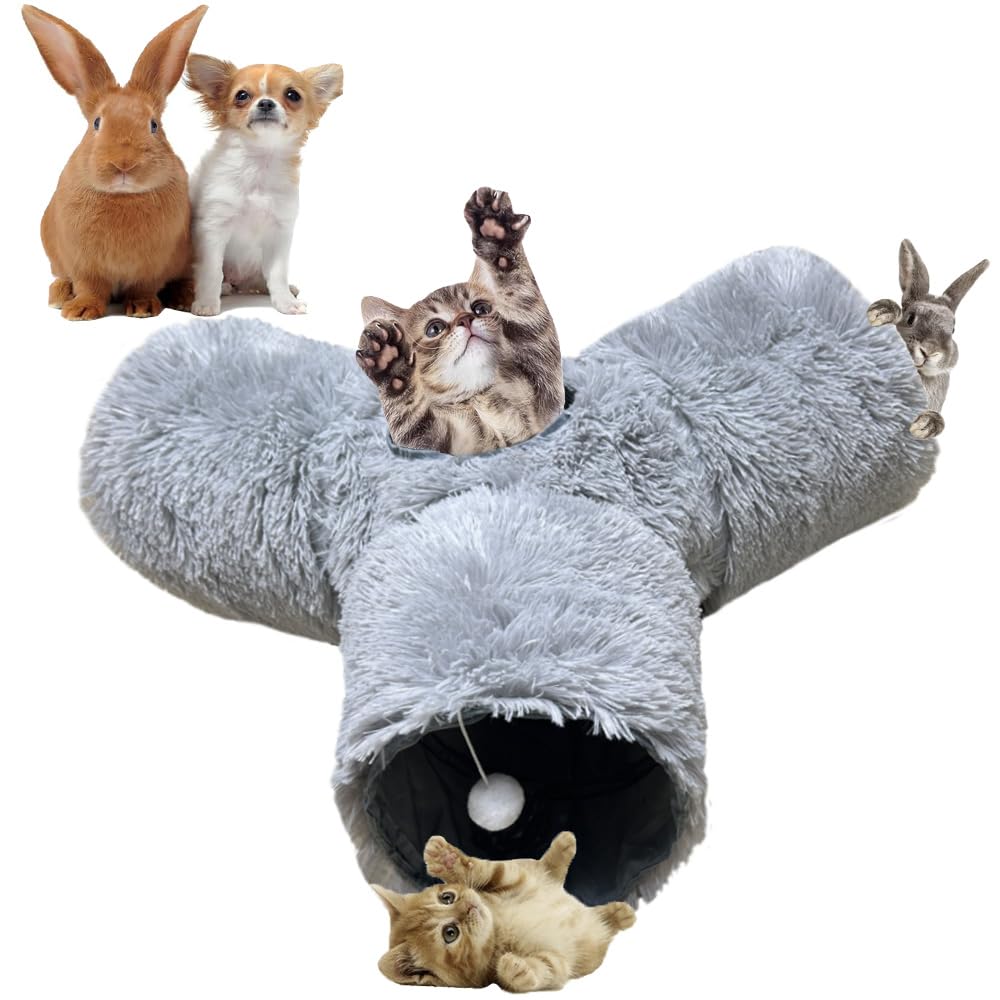 Túnel plegable para gatos de interior de 3 vías de felpa gris, tubo de juego portátil con agujeros para mirar, perfecto para gatitos, conejos y mascotas pequeñas, juguete interactivo
