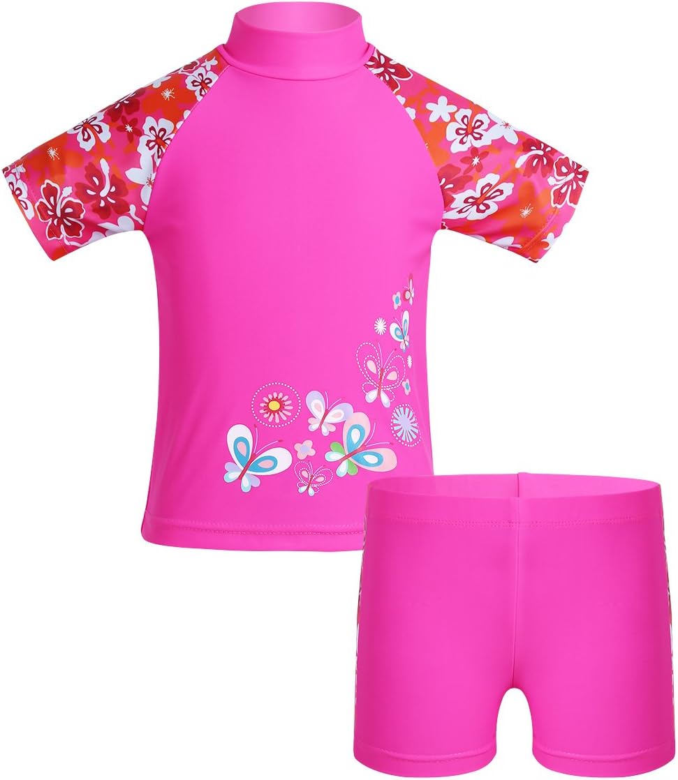 Girls Floral Printed 2 Piece Tankini Set Rash Guard Swimsuit Short Sleeve Top and Shorts Set Bathing Suit