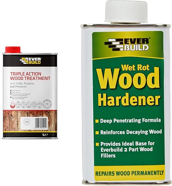 Everbuild Triple Action (Kills, Protects and Preserves) Wood Treatment, Clear, 1 Litre & WOODHARD2 LumberIrwin Wet Rot Wood Hardener 250ml