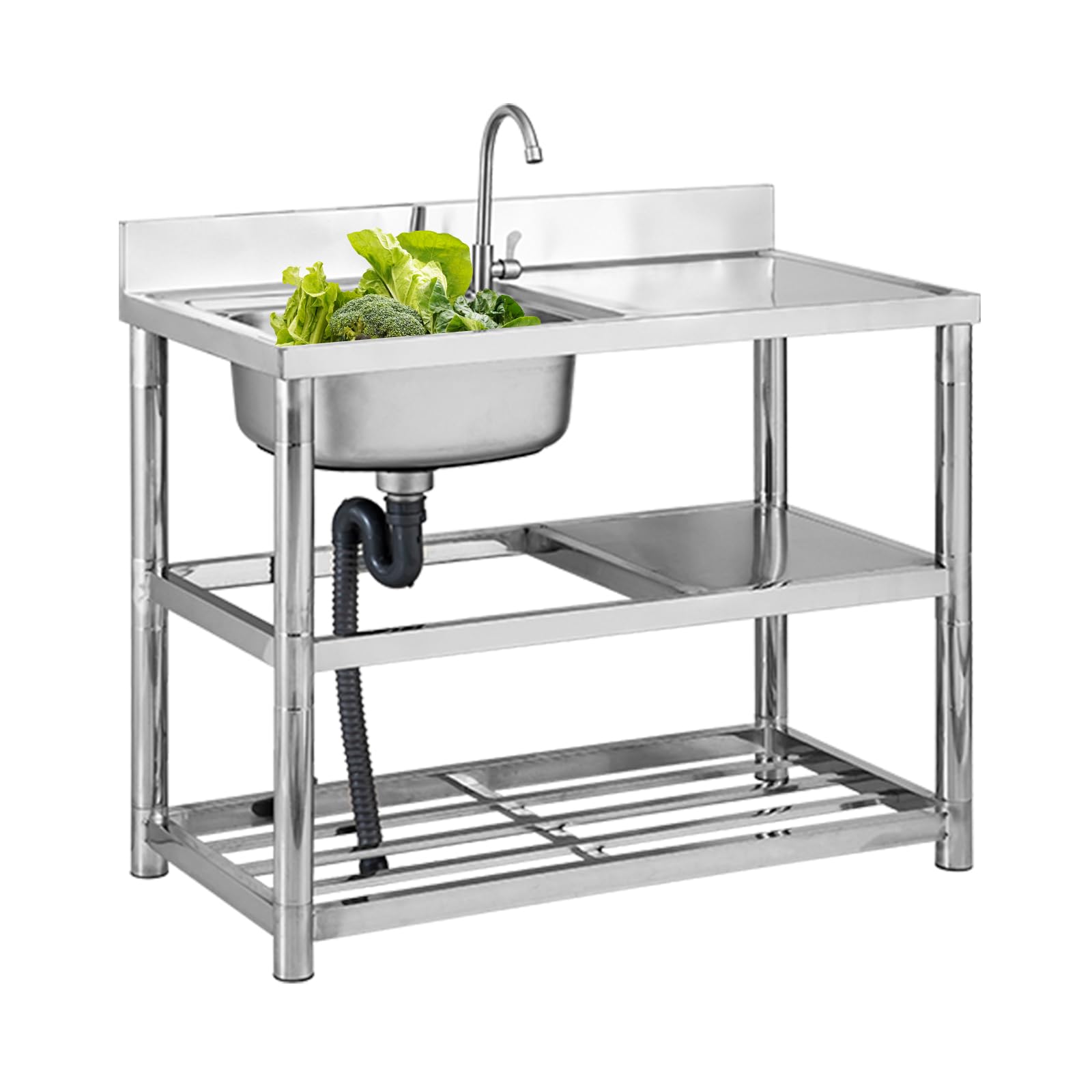 Évier sur pied en acier inoxydable avec 1 bac (gauche) 80 x 50 x 80 cm - Évier commercial avec conduite d'eau chaude et froide - Robinet et bonde - Pour extérieur, intérieur, cuisine, salle à