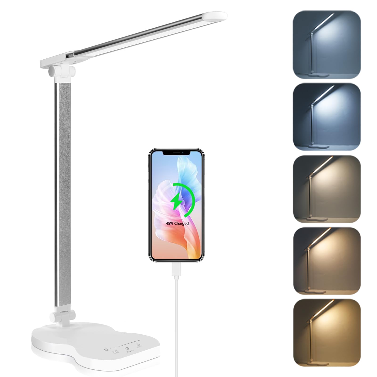 rigors Lampada da Scrivania, 5 Modalità, 10 Livelli di Luminosità, Lampada da lavoro con porta di ricarica USB, Lampada da Tavolo con Touch, Funzione Timer Funzione Memoria per Cameretta,Ufficio