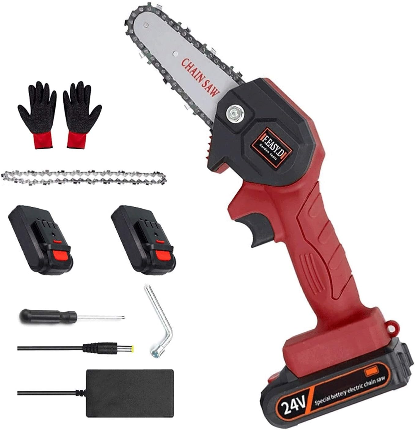 ミニチェーンソー 充電式チェーンソー 24v 小型チェーンソー 電動チェーンソー ちぇーんそー 木工切断 枝切り 伐採 ポータブル 電動のこぎり お求めやすく価格改定 Red 軽量 Color 園芸設備 薪作り