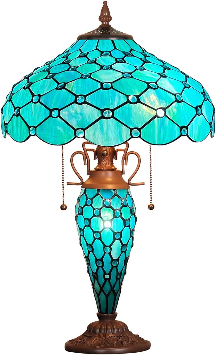 Capulina Tiffany Lamp Stained Glass Table Lamp 3-Light 16x16x24 Inches Mother-Daughter Vase Seagrass Blue Beads Tiffany Style Desk Reading Lamp Decor for Home Office Bedroom Living Room