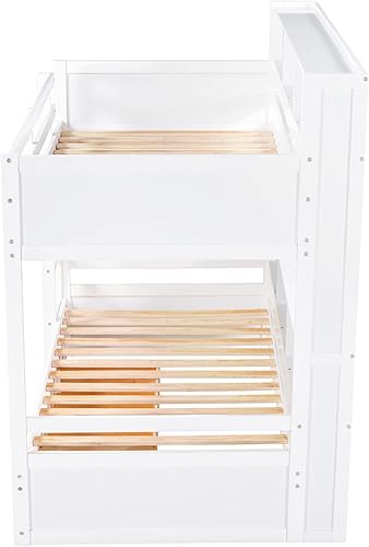 Miniatura 122 de Litera individual sobre matrimonial con cajones, escalera deslizante y almacenamiento, litera de madera con barandilla alta y escalera para niños,