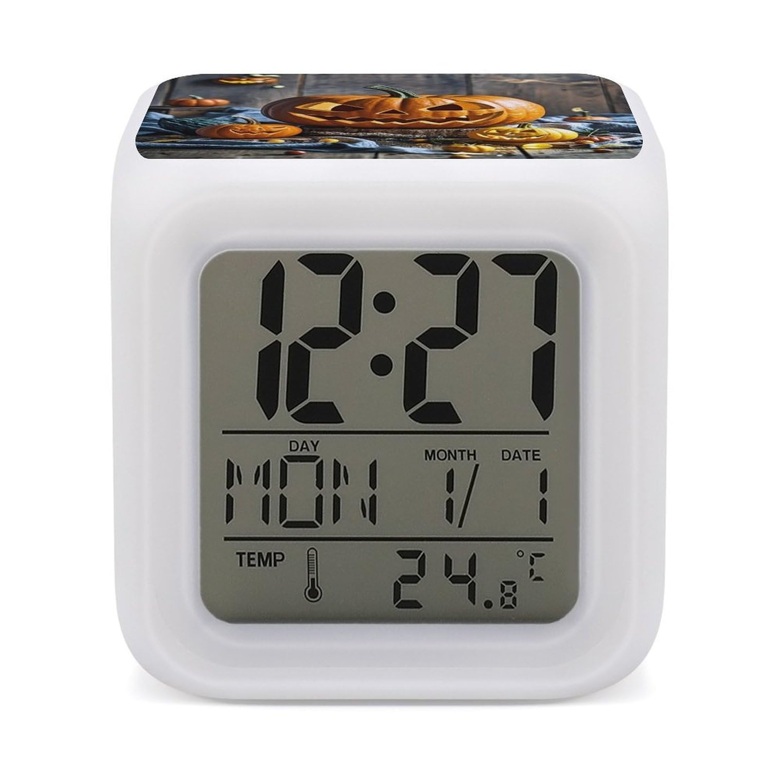 LZQPOEAS Halloween Pumpkin Alarm Clock Desk Clock with 7 Color Changing Night Light Digital Clocks with Temperature Display Sleep Training and Sound Machine for Heavy Sleeper