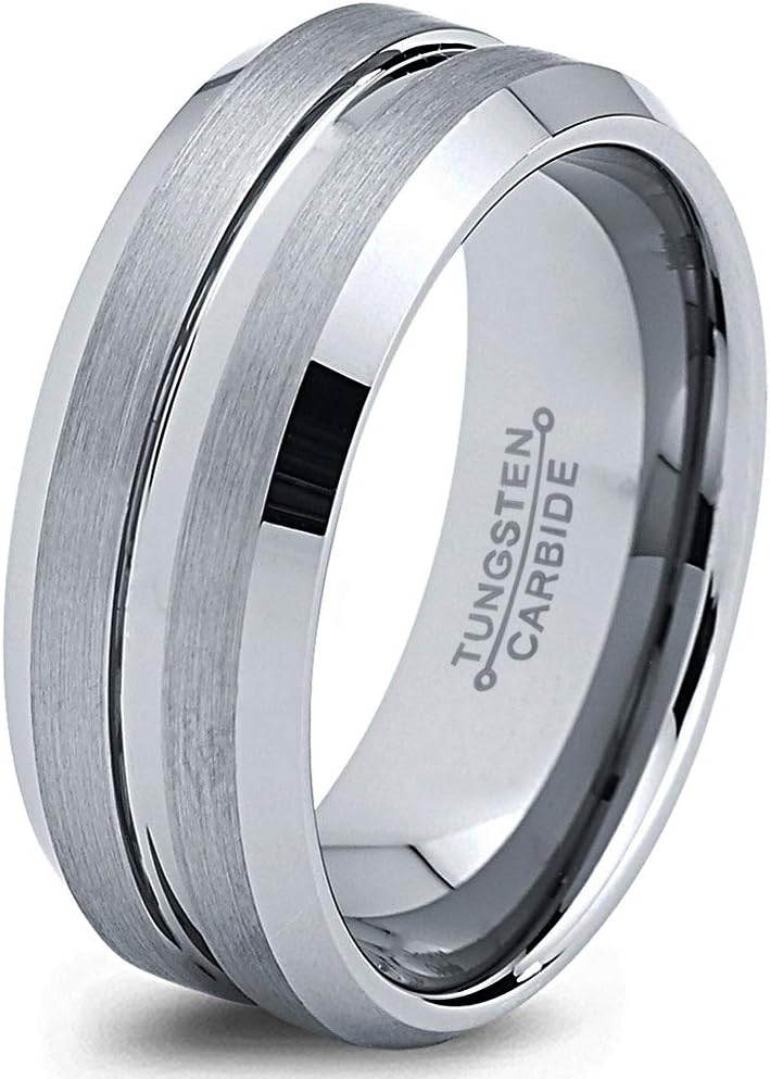 Charming Jewelers Tungsten Wedding Band Ring 8mm Men Women Comfort Fit Grey Bevel Edge Brushed Polished Size 10