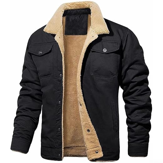 Jaqueta cargo masculina com forro de lã quente, casaco grosso de lapela de pelúcia casual de inverno para férias diárias de férias preto a verde militar (GG preto)
