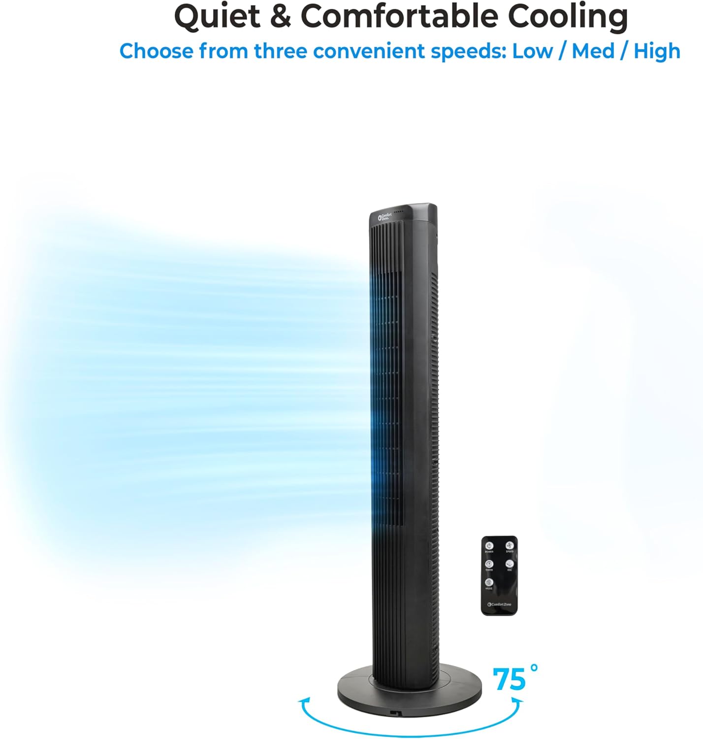 Comfort Zone 40-Inch Oscillating Bladeless Tower Fan – Quiet Standing Fan with 3 Speeds & 4 Modes, 15H Timer, Remote Control & Digital Touch Display – Portable Cooling for Bedroom, Home & Office
