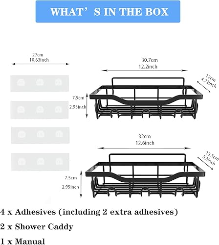 Miniatura 2 de Organizador de ducha, paquete de 2 organizadores adhesivos para ducha con 14 ganchos, 4 adhesivos, sin perforaciones, estante de ducha inoxidable