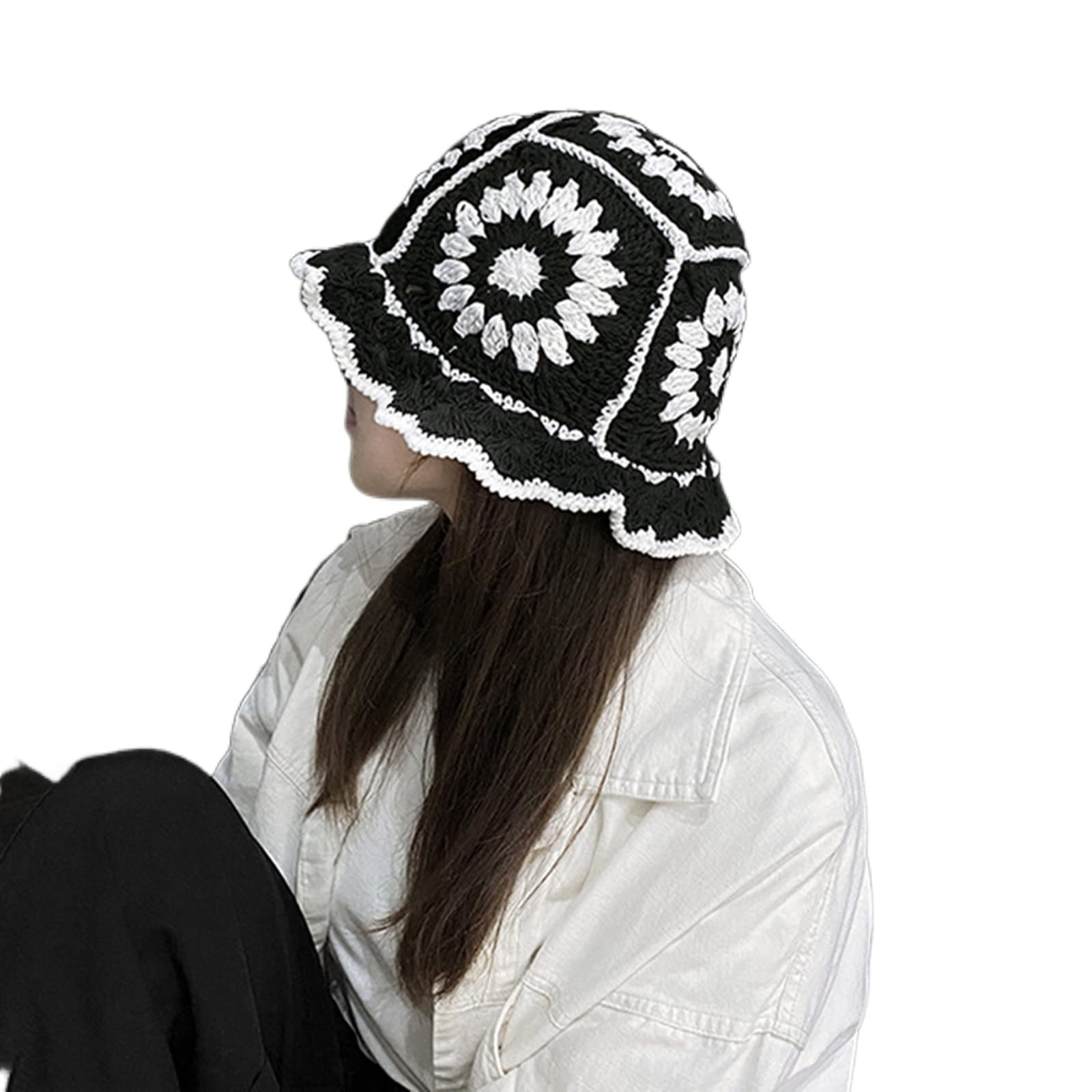 1 pezzo Cappello a secchiello fatto a mano all'uncinetto con decorazioni a motivo di girasole, colorato, stile carino e dolce, adatto per usce e attivà all'aperto per donne in inverno e autunno