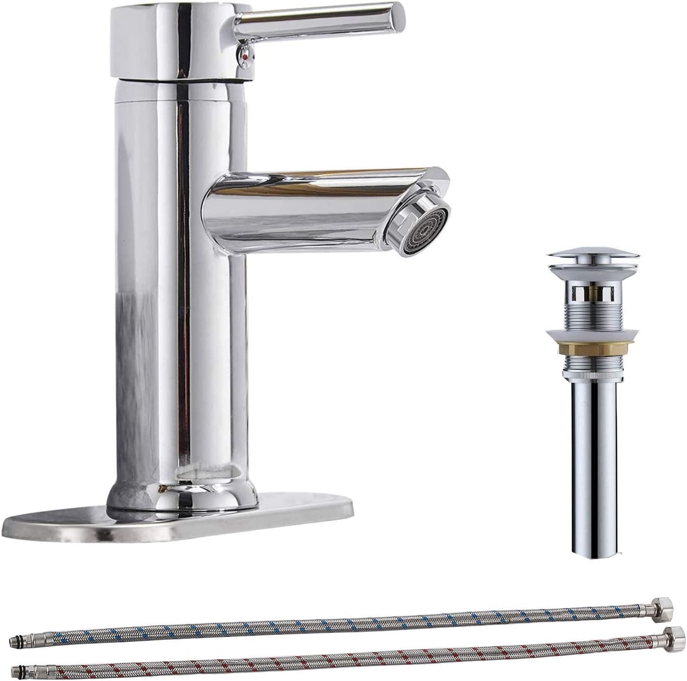 Bathroom Sink Faucet with Drain Assembly Chrome Single Handle One Hole with Deck Plate Aerator Spout Vanity Basin Sink Faucet Stainless Steel Lavatory Deck Mount