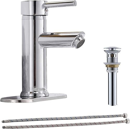 Grifo de lavabo de baño con montaje de drenaje, cromado de una sola manija, un agujero con placa de cubierta, boquilla aireadora para lavabo, grifo