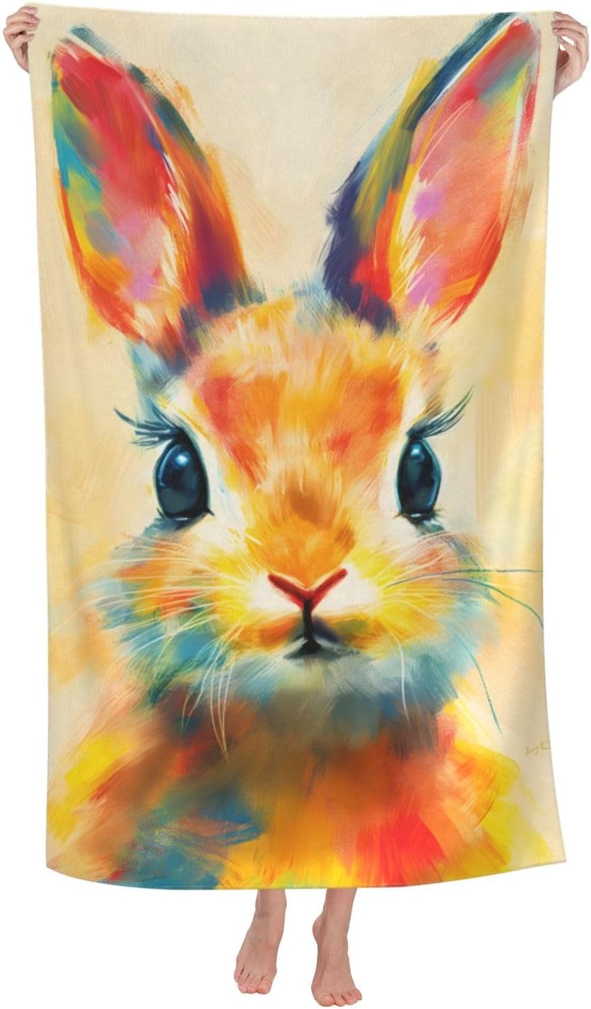 Colorful Bunny Beach Towel 31inx51in, Rabbit Sand-Free Microfiber Bath Towel Ultra Soft Quick Dry Pool Towel Absorbent Towel Lightweight Towel for Swimming Bathroom Decor