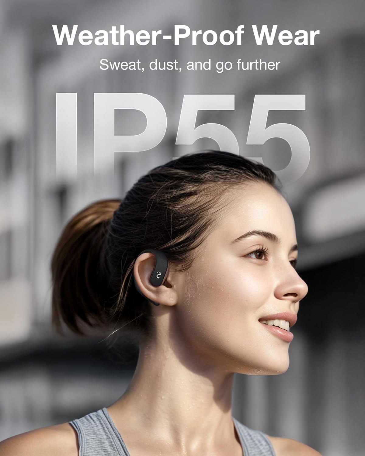 A woman running outdoors wearing an OpenNote AI Recorder earbud, with 'Weather-Proof Wear' and 'IP55' text, indicating resistance to sweat and dust.