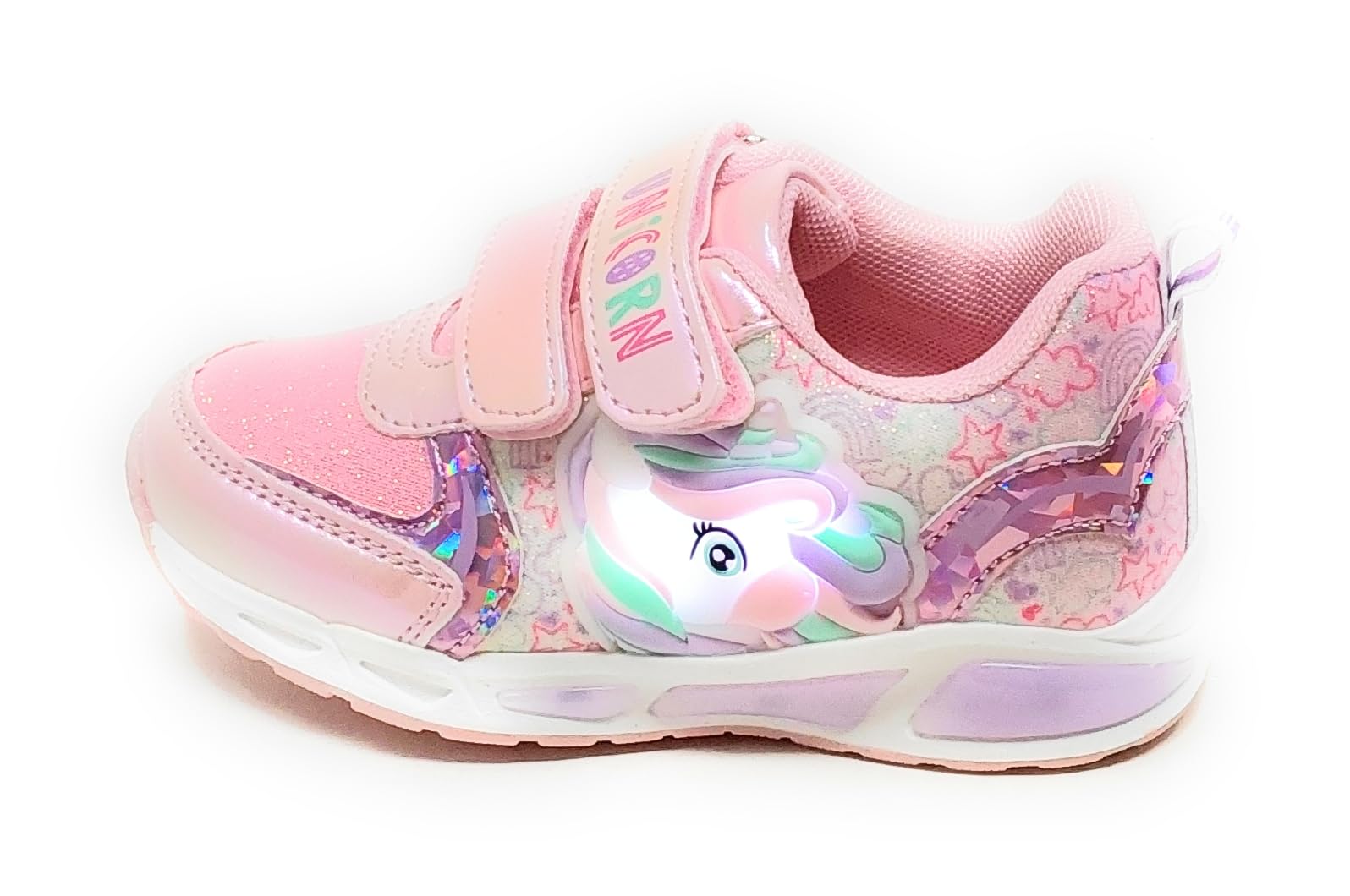 Zapatillas de niña con unicornio, rosa con purpurina, doble tira, luces integradas en la entresuela y en el lado zapatilla