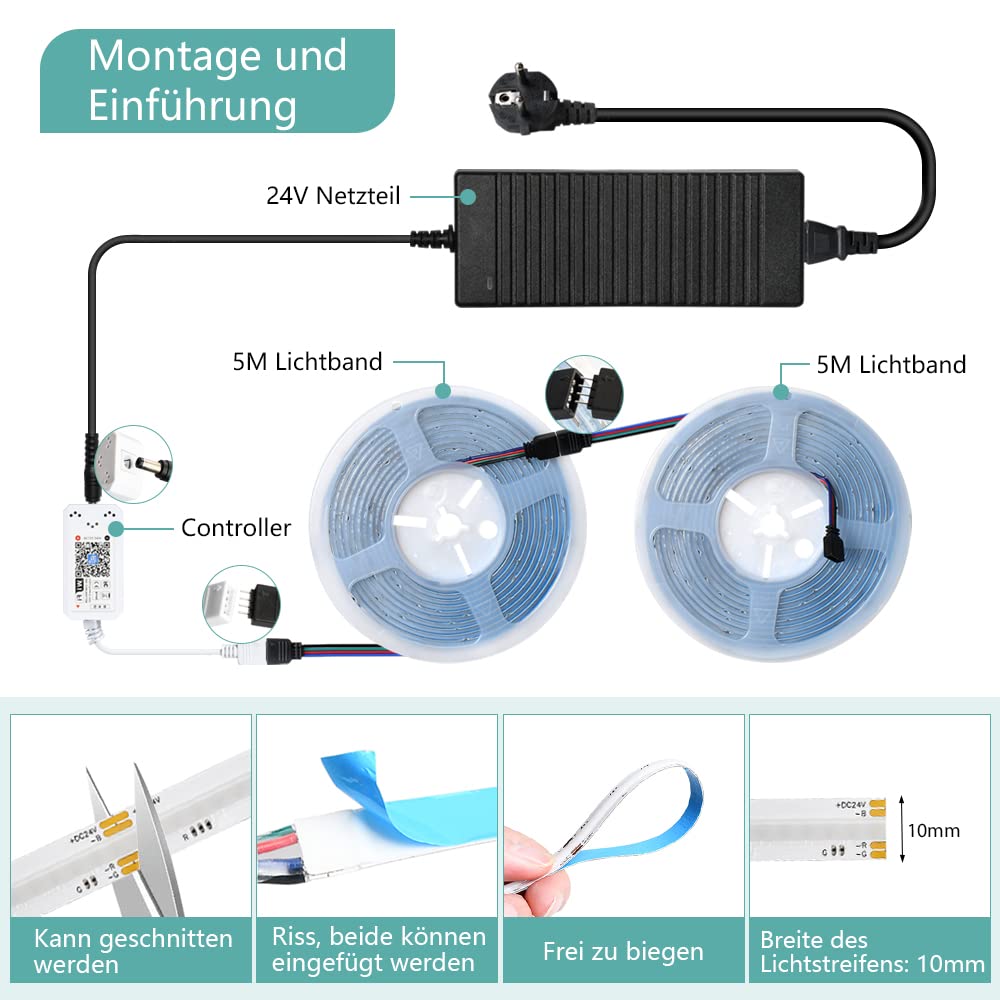 10m WiFi COB RGB LED Strip Light Chain 576led/M 5760leds 24v luz ajustable y deformable LED LIGHT Belt control remoto, Strip Light Belt se puede usar con Google Home Assistant/Alexa