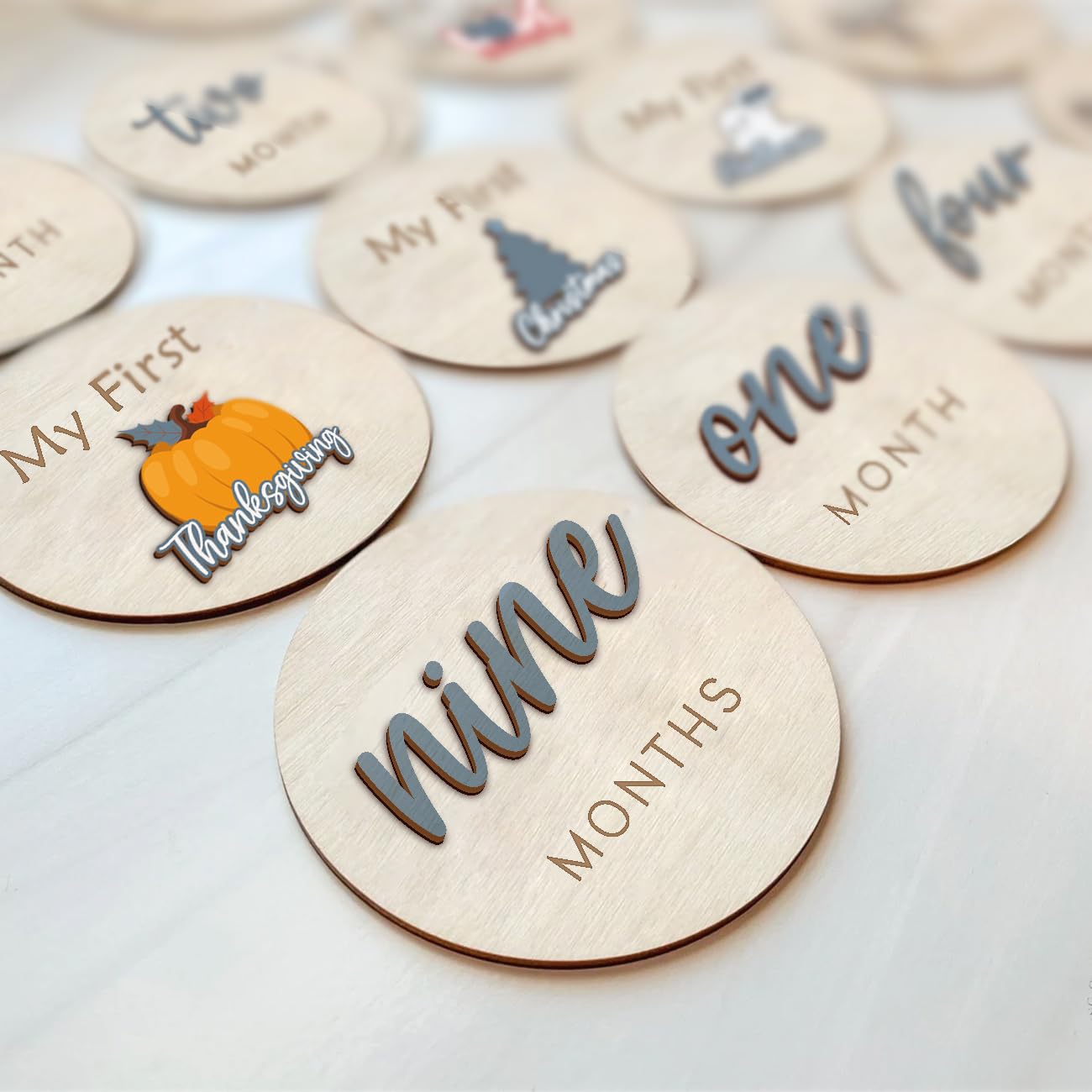 Monthly Baby Milestone and First Holiday Signs, Wooden Baby Months Disc Set 1-12, Hello World Newborn Announcement Props (Blue)