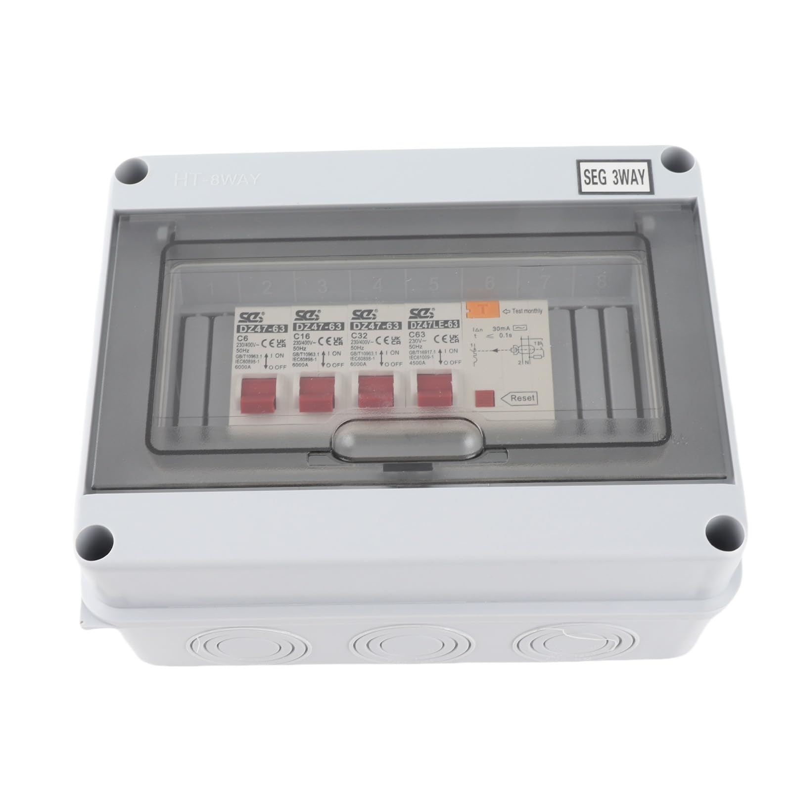 Unidad de Consumidor de Caravana de Garaje de 3 Vías, 63A 30mA RCD + 3MCB (6A+16A+32A) Caja de Fusibles de Alta Capacidad de Rotura para Garajes, Caravanas, Talleres, Dependencias