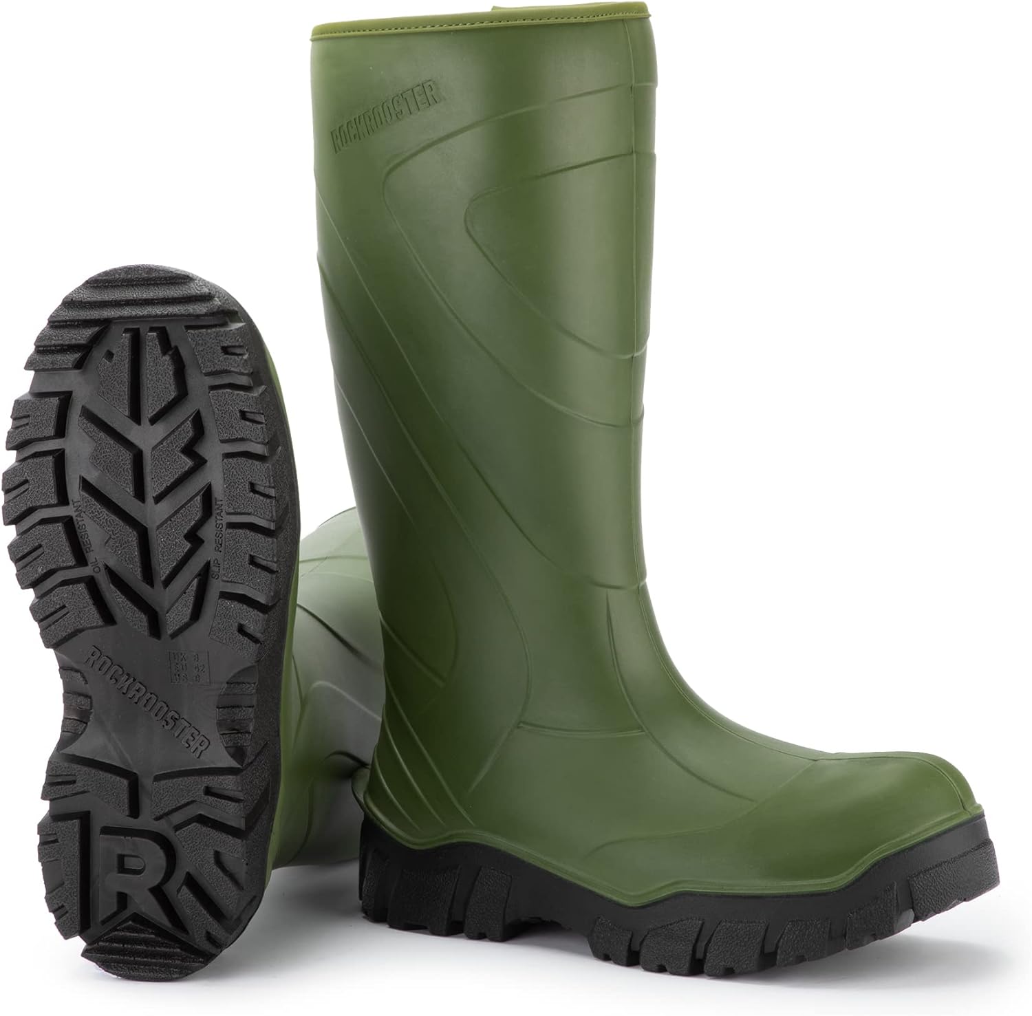 ROCKROOSTER Wellingtons - Mens 15'' Waterproof PU Pull-on Slip Resistantn，Anti-fatigue Comfortable Soft Toe Rain Boots WS701