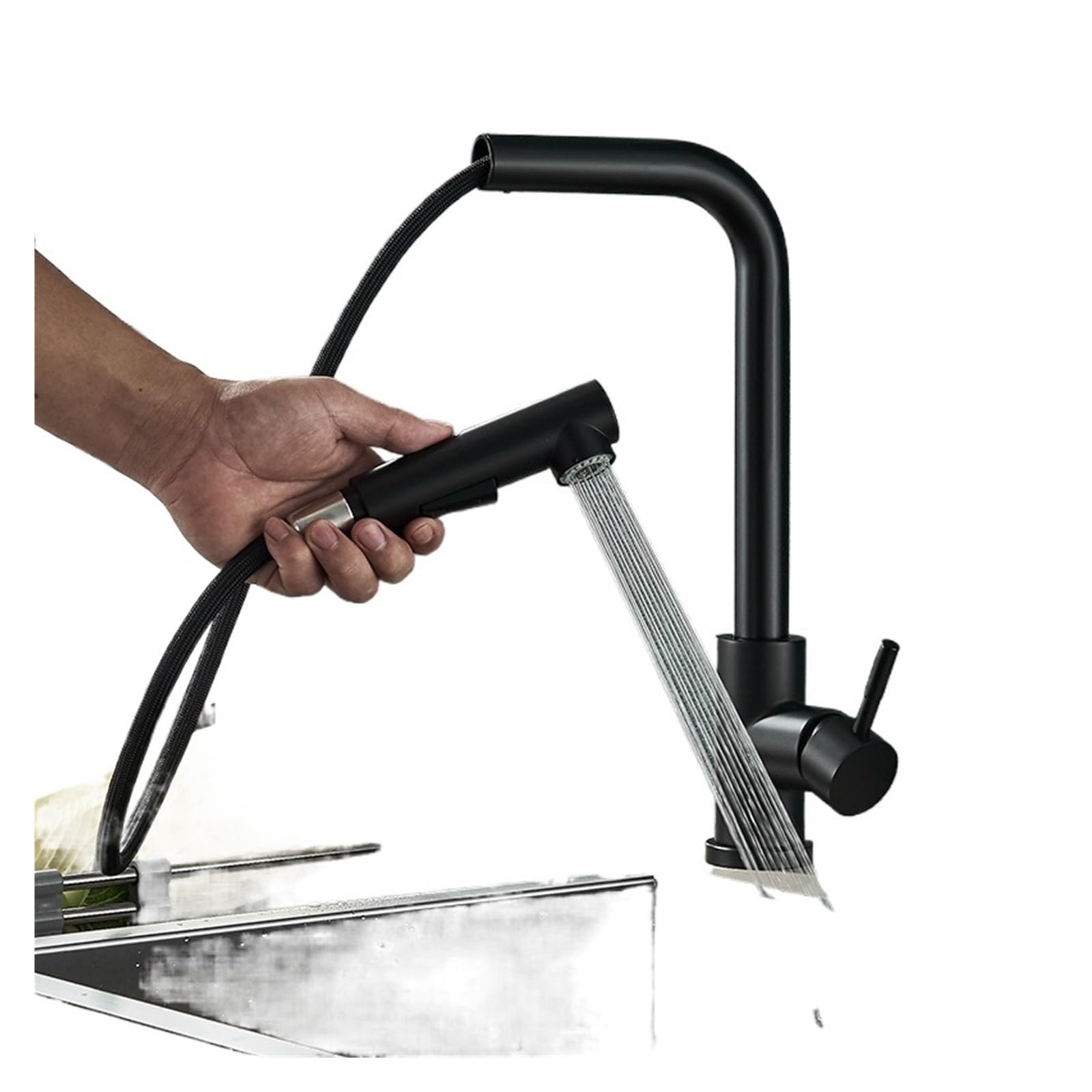 Robinet d'évier de cuisine extractible noir mat : mitigeur sur comptoir eau chaude et froide