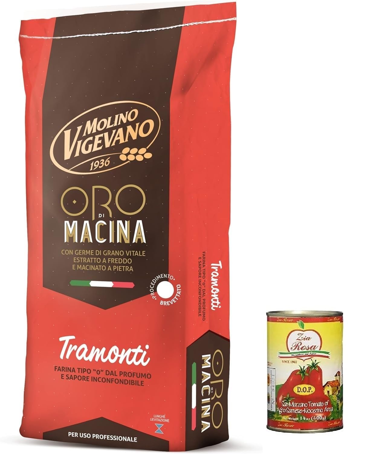 Molino Vigevano Tramonti Oro, Mehl "Typ" 0, Langer Sauerteig, ideal für herzhafte. Packung von 10 kg + Zia Rosa DOP Pomodoro San Marzano Dose von 400g