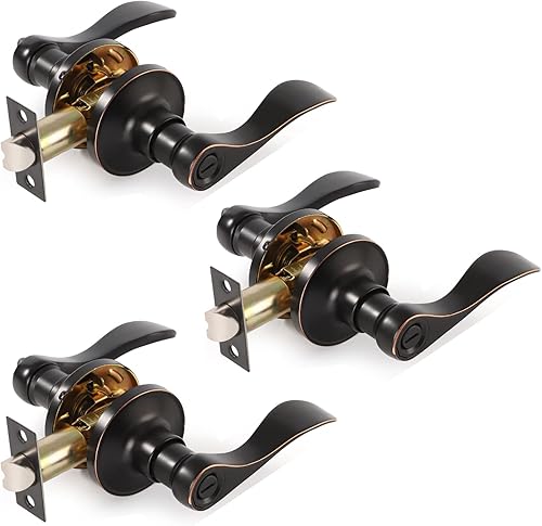 Paquete de 3 manijas de puerta interiores, manijas de puerta de bronce aceitado para dormitorio y baño, cerradura de puerta de privacidad sin llave,