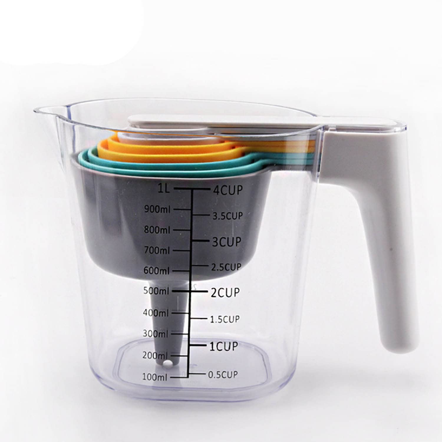 Misurino e Misurino Impilabile Set da 9 Pezzi Senza BPA Scale di Misurazione Multiple Pratico Utensili da Cucina con Imbuto Raschietto, 1000 Ml