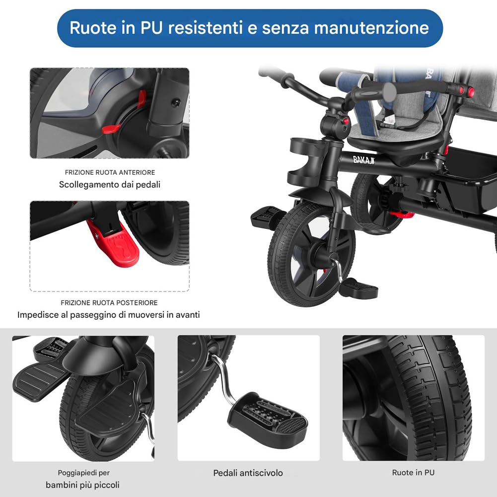 BAKAJI Triciclo Passeggino 4 in 1 per Bambini, Pedali o Manico Antiscivolo Ergonomico per Spinta, Sediolino Imbottito, Cinture di Sicurezza, Asta Direzionabile, Tettuccio Cappottino Parasole (Blu)