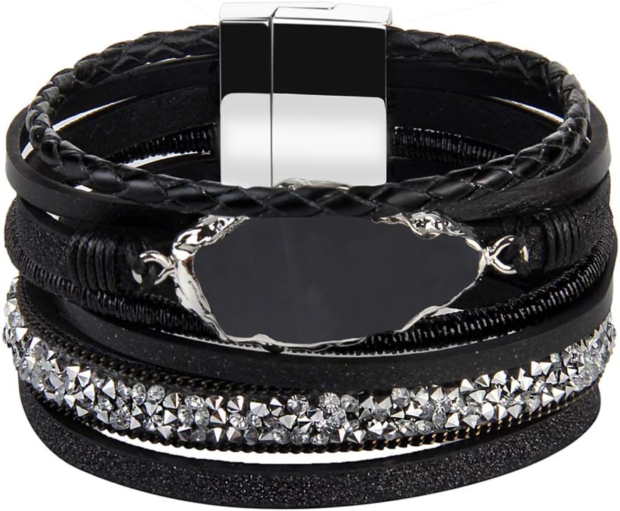 AZORA Leather Cuff Bracelet Multi Rope Wrap Bangle with Pearl Metallic Heart Cuffs Bracelets for Women (Black-cuff bangle bracelets)