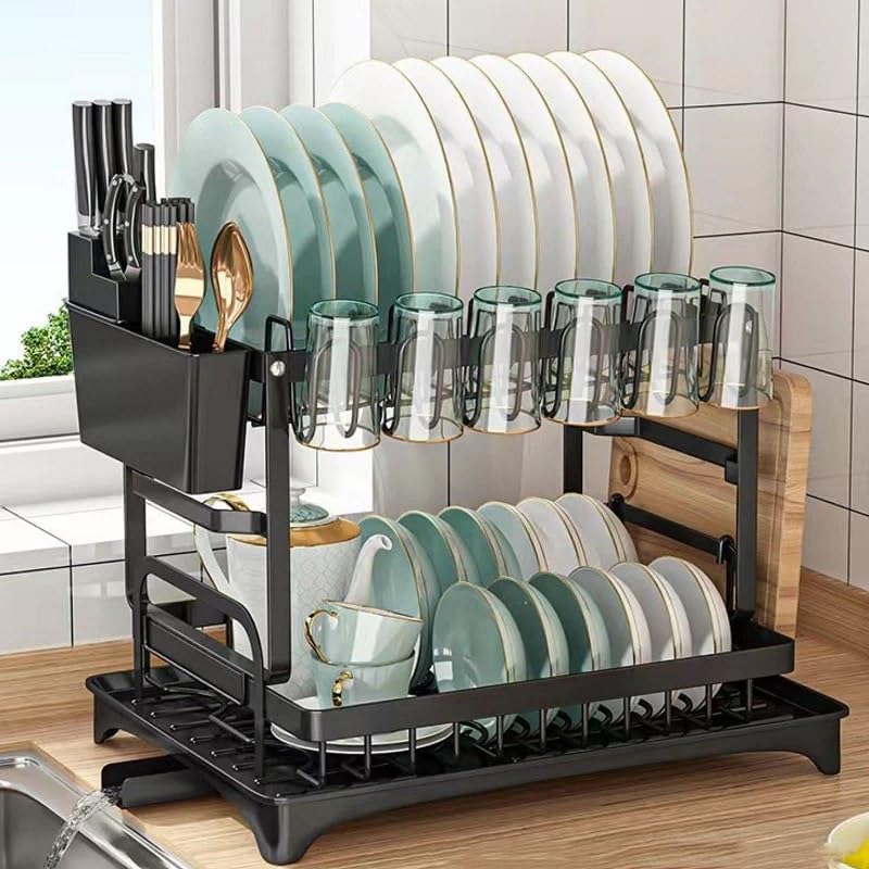 Dish Drying Rack with Drainboard, 2-Tier Foldable Stainless Steel Dish Rack with Utensil Holder, Cup Rack & Cutting Board Holder for Countertop