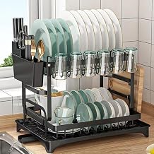 Dish Drying Rack with Drainboard, 2-Tier Foldable Stainless Steel Dish Rack with Utensil Holder, Cup Rack & Cutting Board Holder for Countertop
