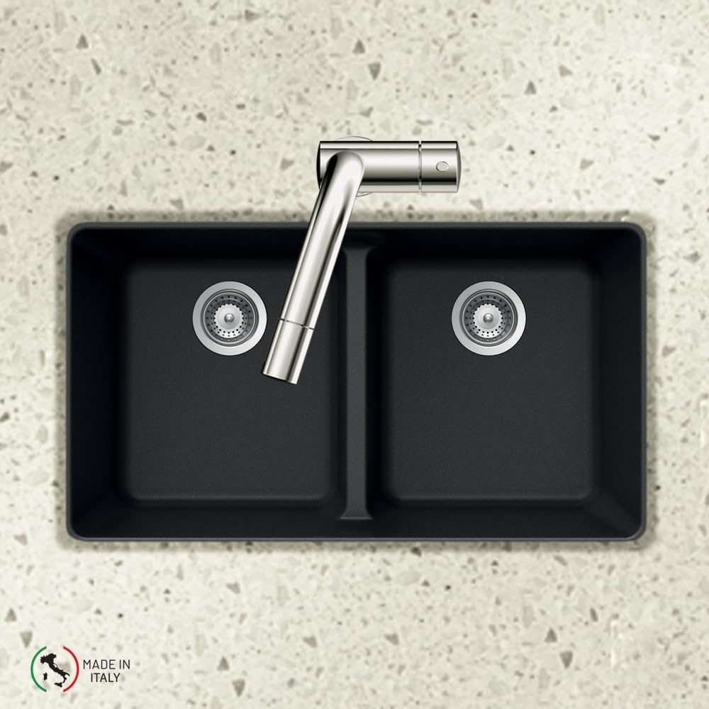 HOUZER M-200U MIDNITE Quartztone Series Granite Undermount 50/50 Double Bowl Kitchen Sink, Black